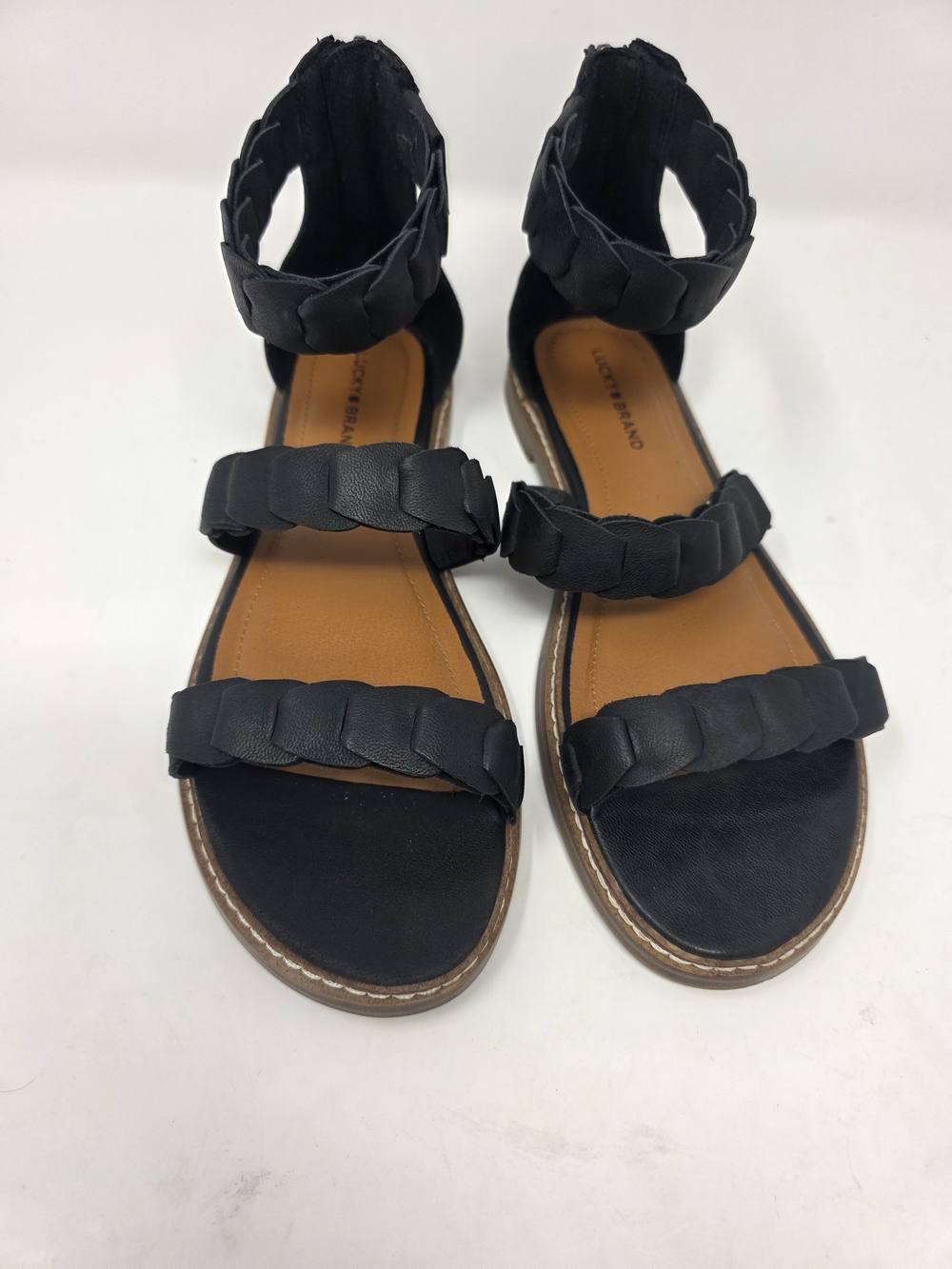 Lucky Brand Black Braided Ankle Strap Sandals Flat Zip Back Summer Shoes